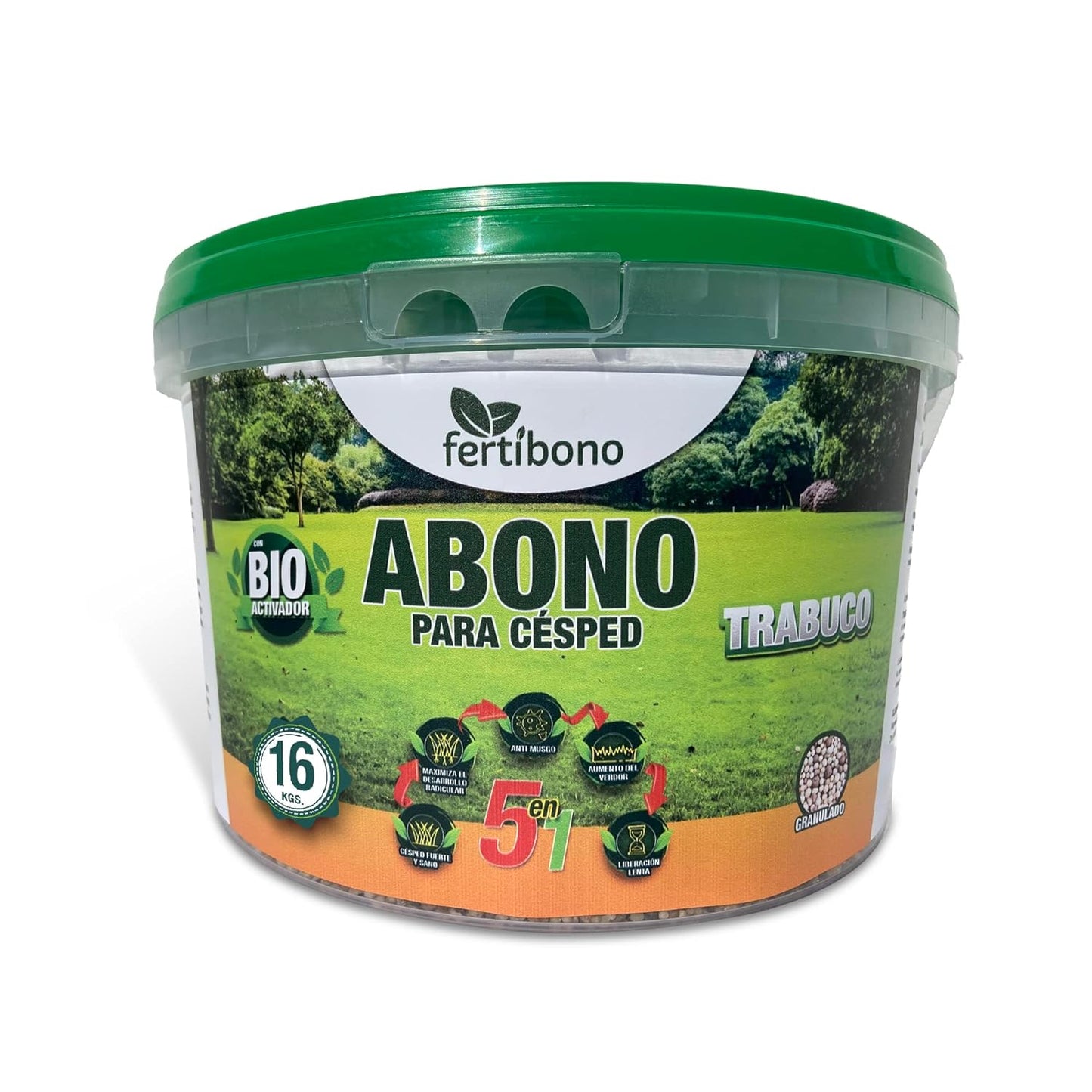 FERTIBONO Abono Césped, Antimusgos, Liberacion Lenta, Primavera, Verano, Acción 5 en 1, (16 Kg)