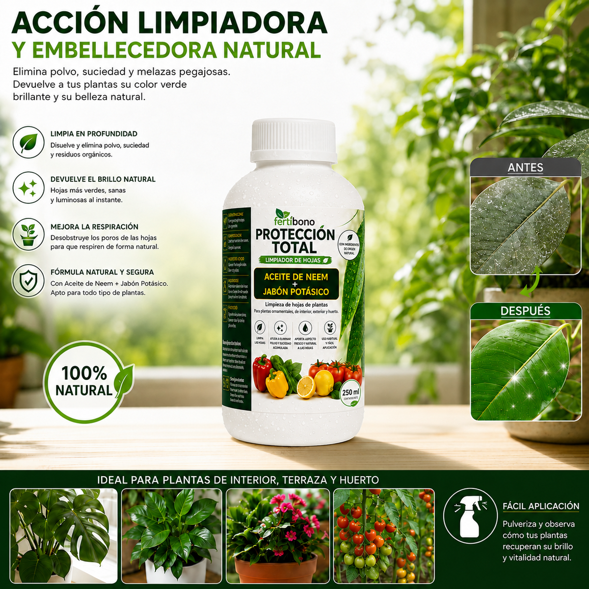 FERTIBONO PROTECCIÓN TOTAL | Solución Multiusos Natural para Plantas |250ml| Jabón Potásico + Aceite de Neem | Ideal para Huertos y Jardines