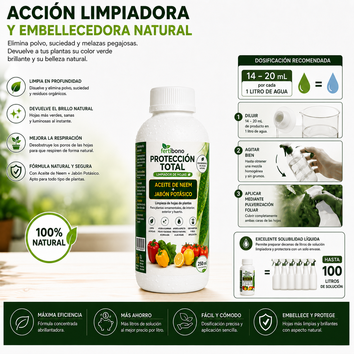 FERTIBONO PROTECCIÓN TOTAL | Solución Multiusos Natural para Plantas |250ml| Jabón Potásico + Aceite de Neem | Ideal para Huertos y Jardines