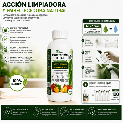 FERTIBONO PROTECCIÓN TOTAL | Solución Multiusos Natural para Plantas |250ml| Jabón Potásico + Aceite de Neem | Ideal para Huertos y Jardines