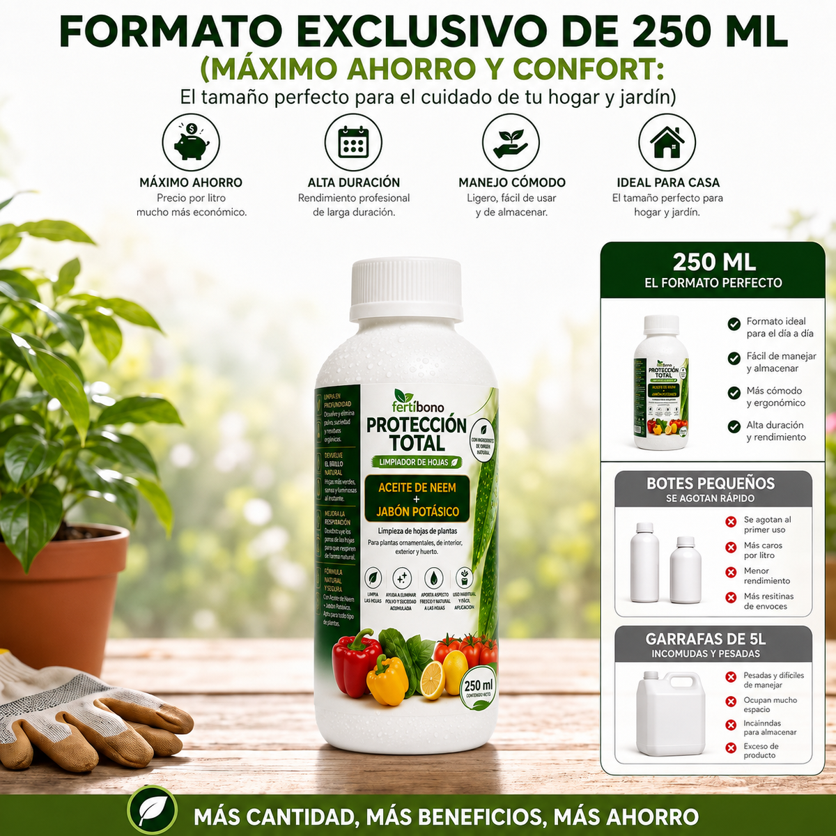 FERTIBONO PROTECCIÓN TOTAL | Solución Multiusos Natural para Plantas |250ml| Jabón Potásico + Aceite de Neem | Ideal para Huertos y Jardines