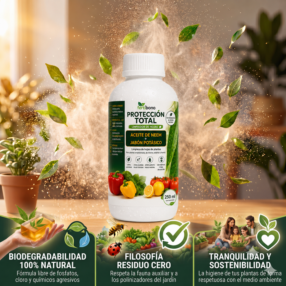 FERTIBONO PROTECCIÓN TOTAL | Solución Multiusos Natural para Plantas |250ml| Jabón Potásico + Aceite de Neem | Ideal para Huertos y Jardines