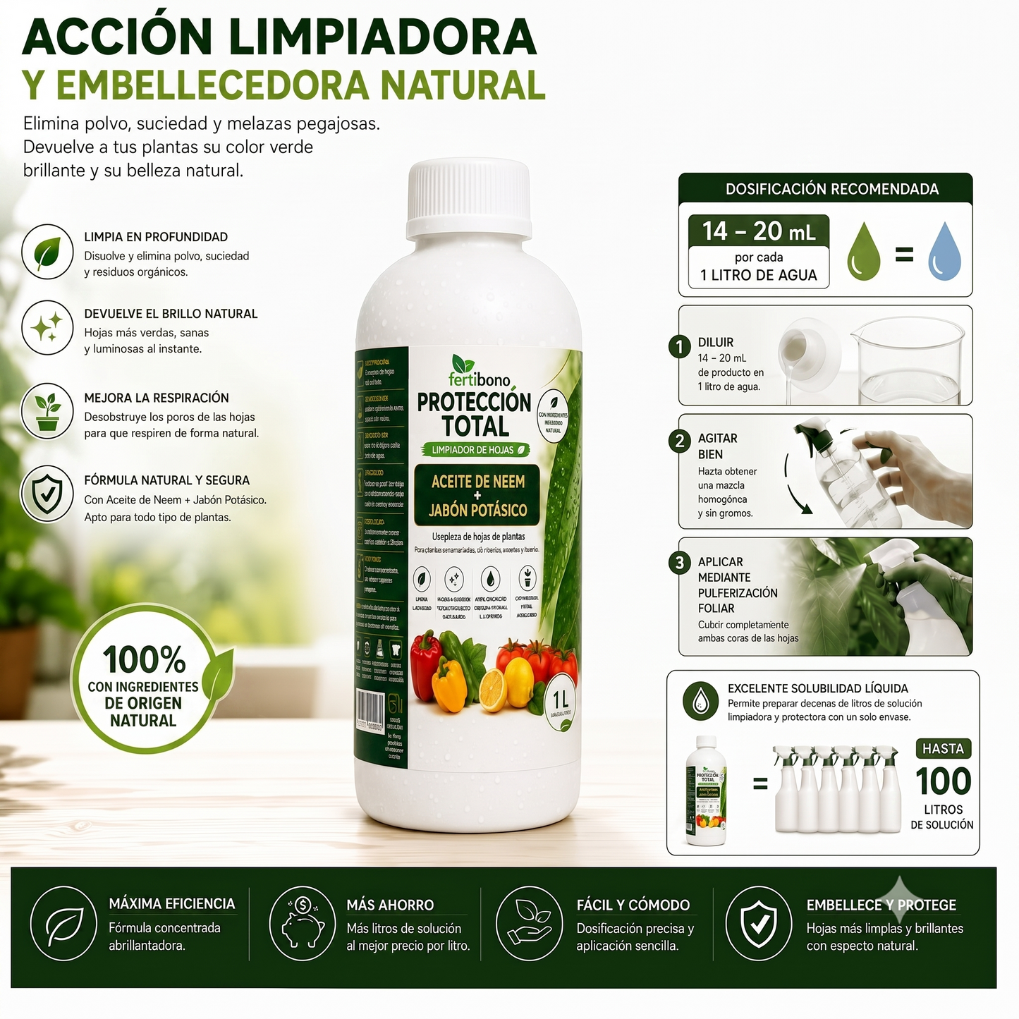 FERTIBONO PROTECCIÓN TOTAL | Solución Multiusos Natural para Plantas | 1 L |  Jabón Potásico + Aceite de Neem | Ideal para Huertos y Jardines