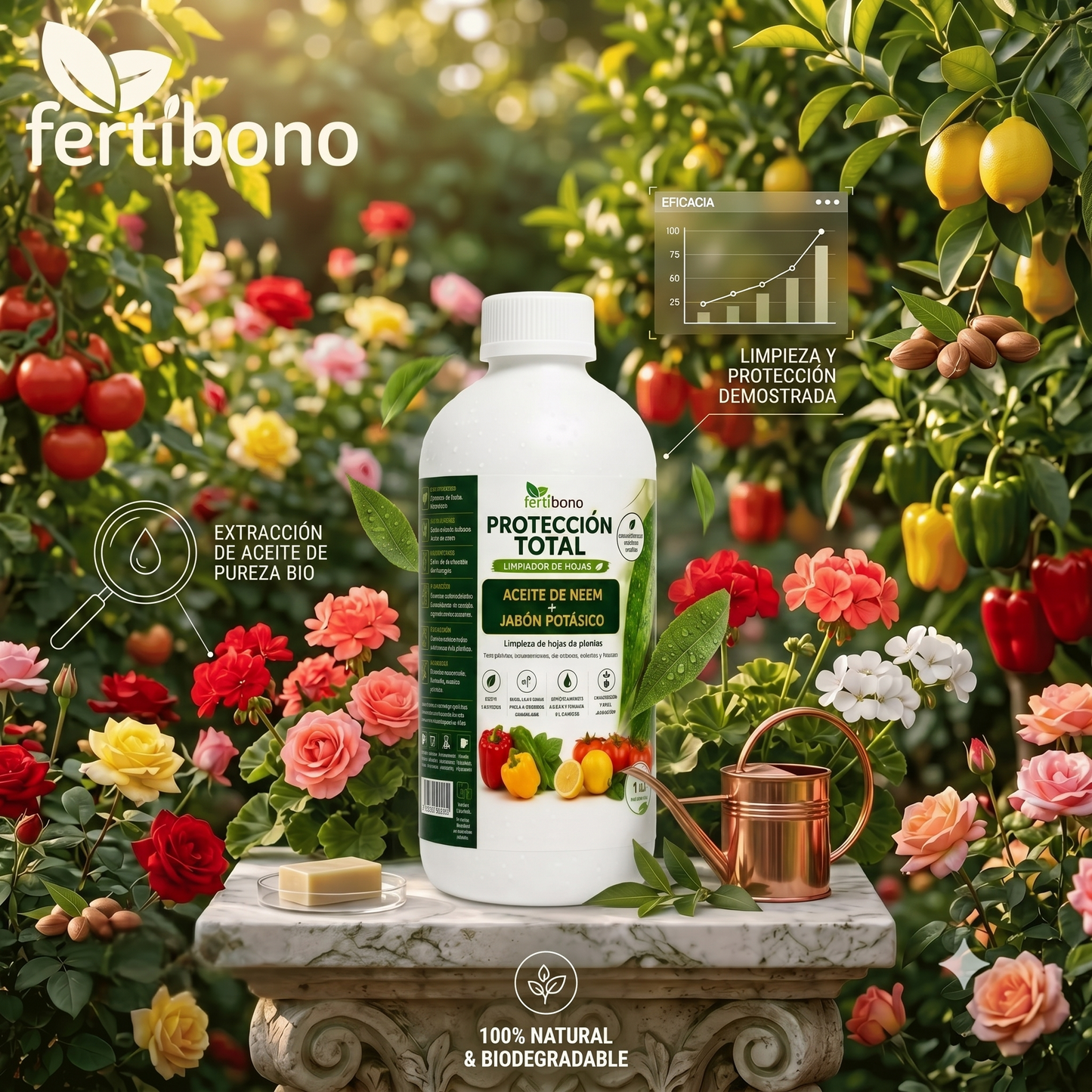 FERTIBONO PROTECCIÓN TOTAL | Solución Multiusos Natural para Plantas | 1 L |  Jabón Potásico + Aceite de Neem | Ideal para Huertos y Jardines