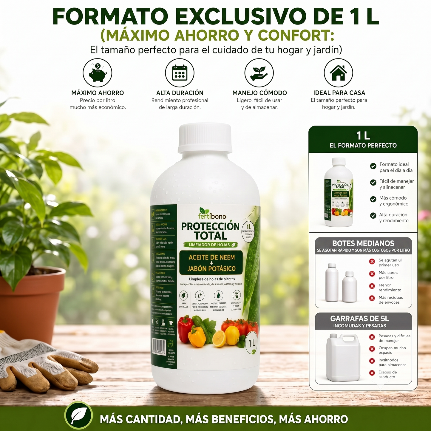 FERTIBONO PROTECCIÓN TOTAL | Solución Multiusos Natural para Plantas | 1 L |  Jabón Potásico + Aceite de Neem | Ideal para Huertos y Jardines