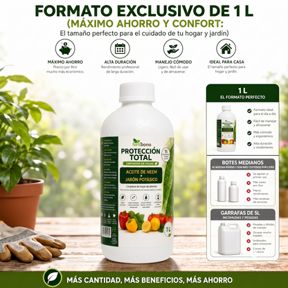 FERTIBONO PROTECCIÓN TOTAL | Solución Multiusos Natural para Plantas | 1 L |  Jabón Potásico + Aceite de Neem | Ideal para Huertos y Jardines