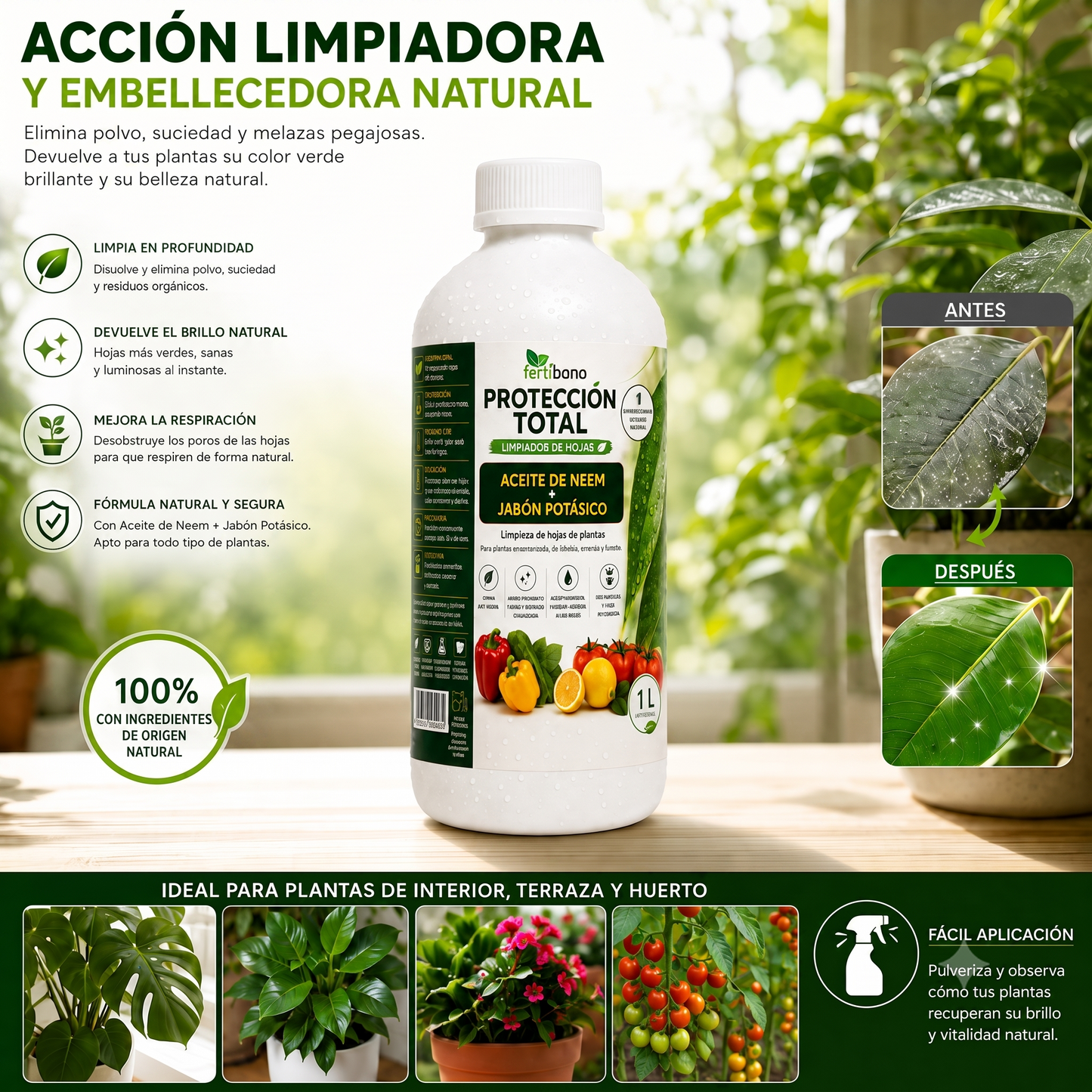 FERTIBONO PROTECCIÓN TOTAL | Solución Multiusos Natural para Plantas | 1 L |  Jabón Potásico + Aceite de Neem | Ideal para Huertos y Jardines
