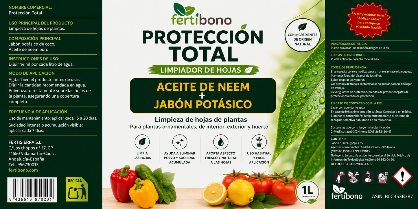 FERTIBONO PROTECCIÓN TOTAL | Solución Multiusos Natural para Plantas | 1 L |  Jabón Potásico + Aceite de Neem | Ideal para Huertos y Jardines