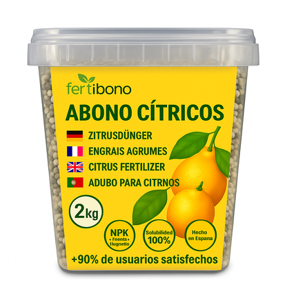 FERTIBONO Abono Cítricos Premium para Limonero y Naranjos, 20-5-11, (2Kg), con Hierro, Calcio, Azufre, Magnesio, y Manganeso - Corrector de Carencias Múltiples