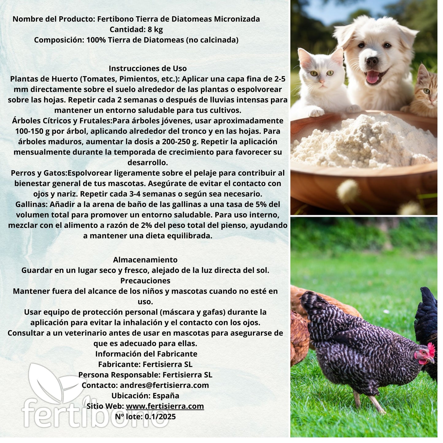 FERTIBONO Tierra de Diatomeas 100% Natural - Grado Alimenticio - 8 kg - Ideal para Mascotas, Plantas y Más