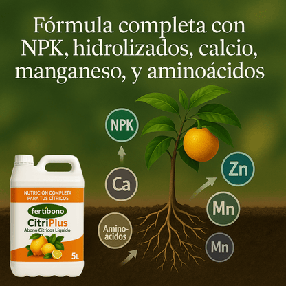 Fertibono CitriPlus: Abono Cítricos, (5L), Rico en Hierro, Zinc, Calcio,Manganeso, Magnesio, AminoAcidos y NPK - Abono Plantas, Ecológico, Residuo Cero