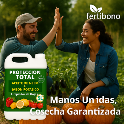 FERTIBONO PROTECCIÓN TOTAL | Solución Multiusos Natural para Plantas |5 l| Jabón Potásico + Aceite de Neem | Ideal para Huertos y Jardines