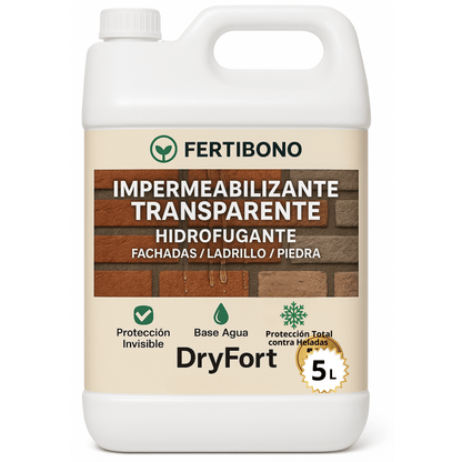 DryFort - Impermeabilizante Transparente Hidrofugante para Fachadas, (5L), Piedra Natural, Gres, Tejas y Terraza - Protege Contra Humedad, Manchas, Heladas y Moho - Interior y Exterior