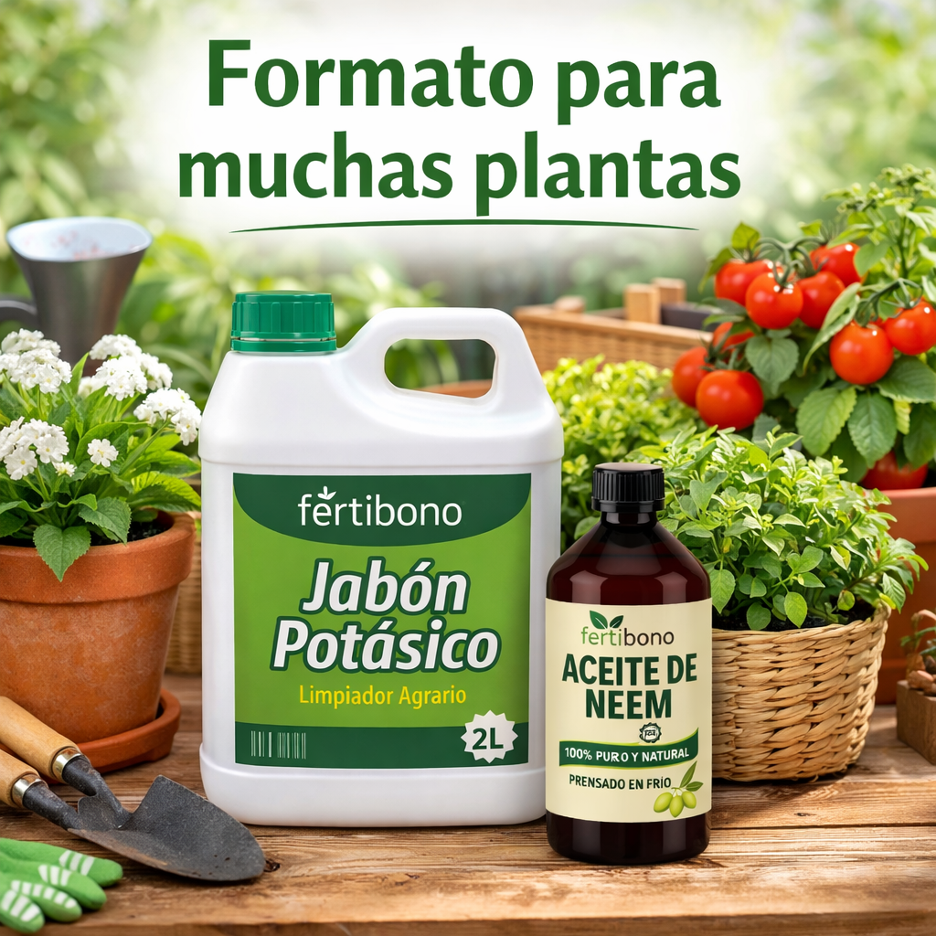 FLORANIM Multiuso - Jabón Potásico 2L + Aceite de Neem 500 ml para Plantas, Huerto y Jardín - Pack Concentrado para Diluir en Agua y Pulverizar
