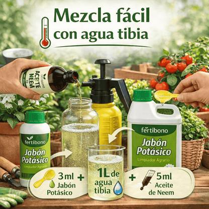 FLORANIM Multiuso - Jabón Potásico 2L + Aceite de Neem 500 ml para Plantas, Huerto y Jardín - Pack Concentrado para Diluir en Agua y Pulverizar