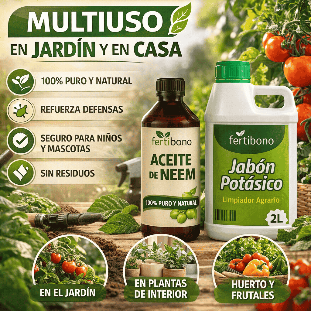FLORANIM Multiuso - Jabón Potásico 2L + Aceite de Neem 500 ml para Plantas, Huerto y Jardín - Pack Concentrado para Diluir en Agua y Pulverizar