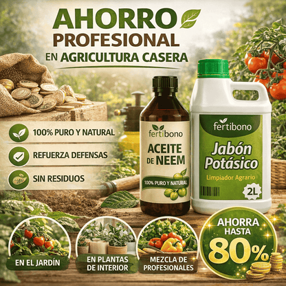 FLORANIM Multiuso - Jabón Potásico 2L + Aceite de Neem 500 ml para Plantas, Huerto y Jardín - Pack Concentrado para Diluir en Agua y Pulverizar