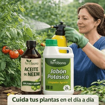 FLORANIM Multiuso - Jabón Potásico 2L + Aceite de Neem 500 ml para Plantas, Huerto y Jardín - Pack Concentrado para Diluir en Agua y Pulverizar