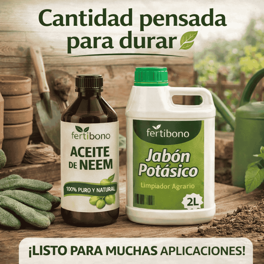FLORANIM Multiuso - Jabón Potásico 2L + Aceite de Neem 500 ml para Plantas, Huerto y Jardín - Pack Concentrado para Diluir en Agua y Pulverizar