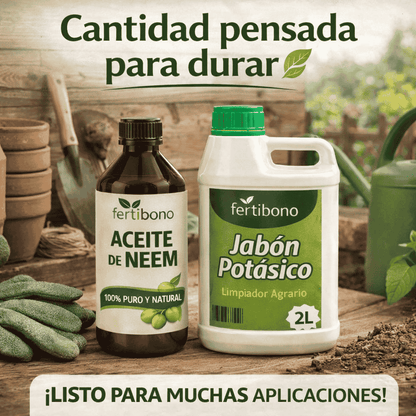 FLORANIM Multiuso - Jabón Potásico 2L + Aceite de Neem 500 ml para Plantas, Huerto y Jardín - Pack Concentrado para Diluir en Agua y Pulverizar