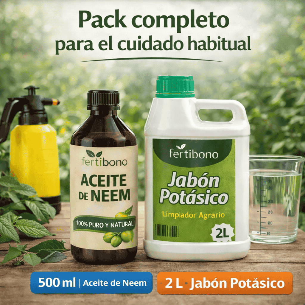 FLORANIM Multiuso - Jabón Potásico 2L + Aceite de Neem 500 ml para Plantas, Huerto y Jardín - Pack Concentrado para Diluir en Agua y Pulverizar
