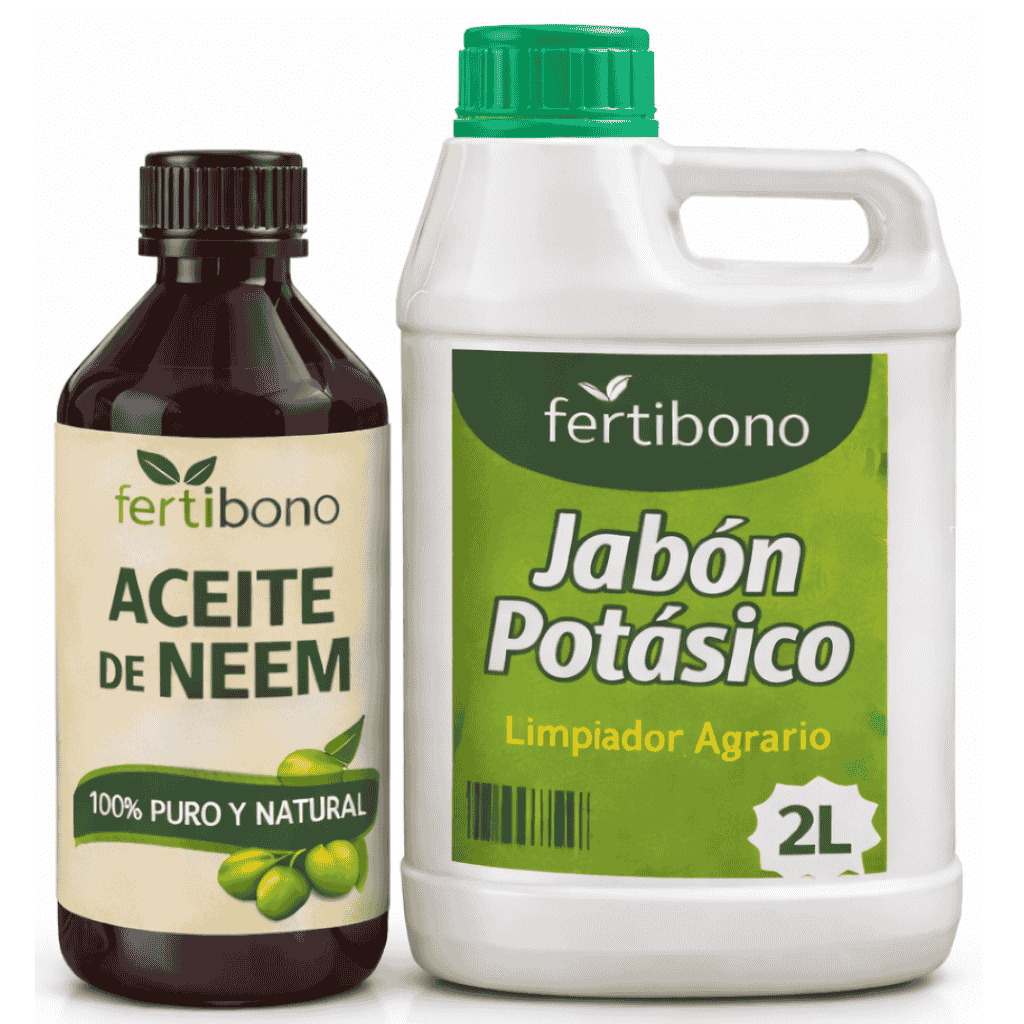 FLORANIM Multiuso - Jabón Potásico 2L + Aceite de Neem 500 ml para Plantas, Huerto y Jardín - Pack Concentrado para Diluir en Agua y Pulverizar