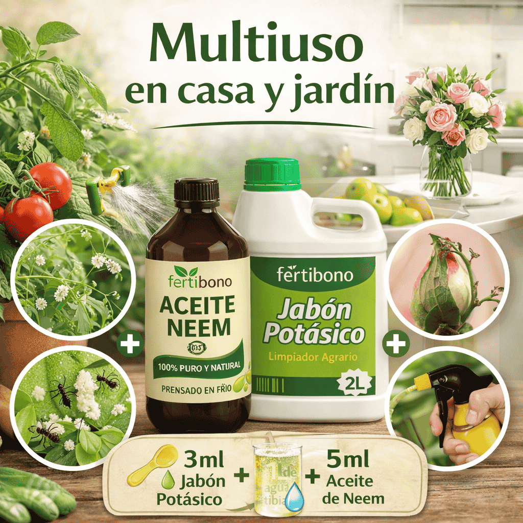 FLORANIM Multiuso - Jabón Potásico 2L + Aceite de Neem 500 ml para Plantas, Huerto y Jardín - Pack Concentrado para Diluir en Agua y Pulverizar