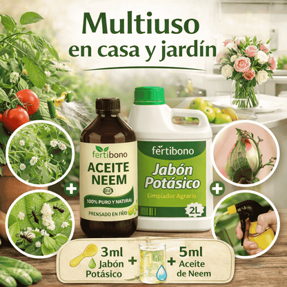 FLORANIM Multiuso - Jabón Potásico 2L + Aceite de Neem 500 ml para Plantas, Huerto y Jardín - Pack Concentrado para Diluir en Agua y Pulverizar