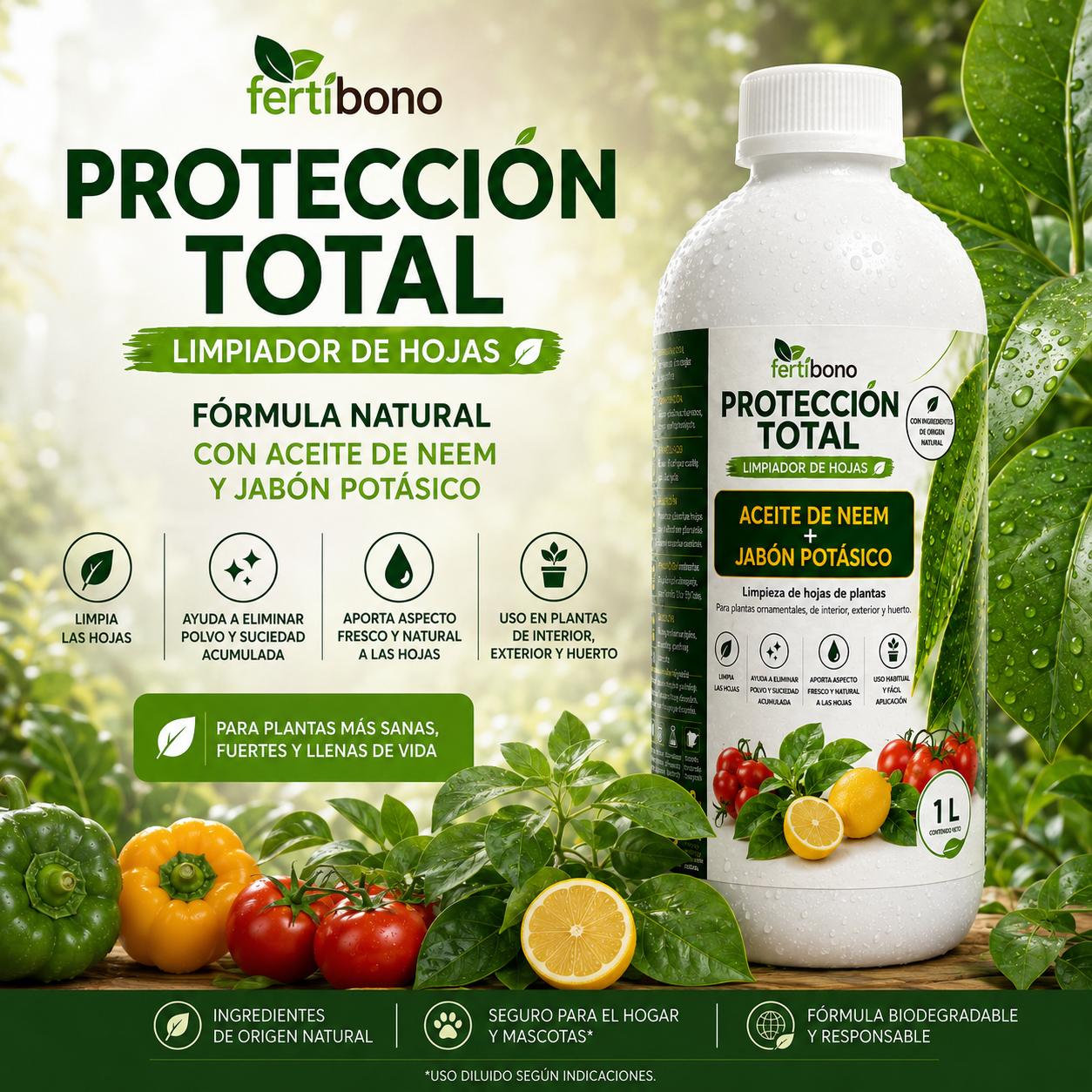 FERTIBONO PROTECCIÓN TOTAL | Solución Multiusos Natural para Plantas | 1 L |  Jabón Potásico + Aceite de Neem | Ideal para Huertos y Jardines