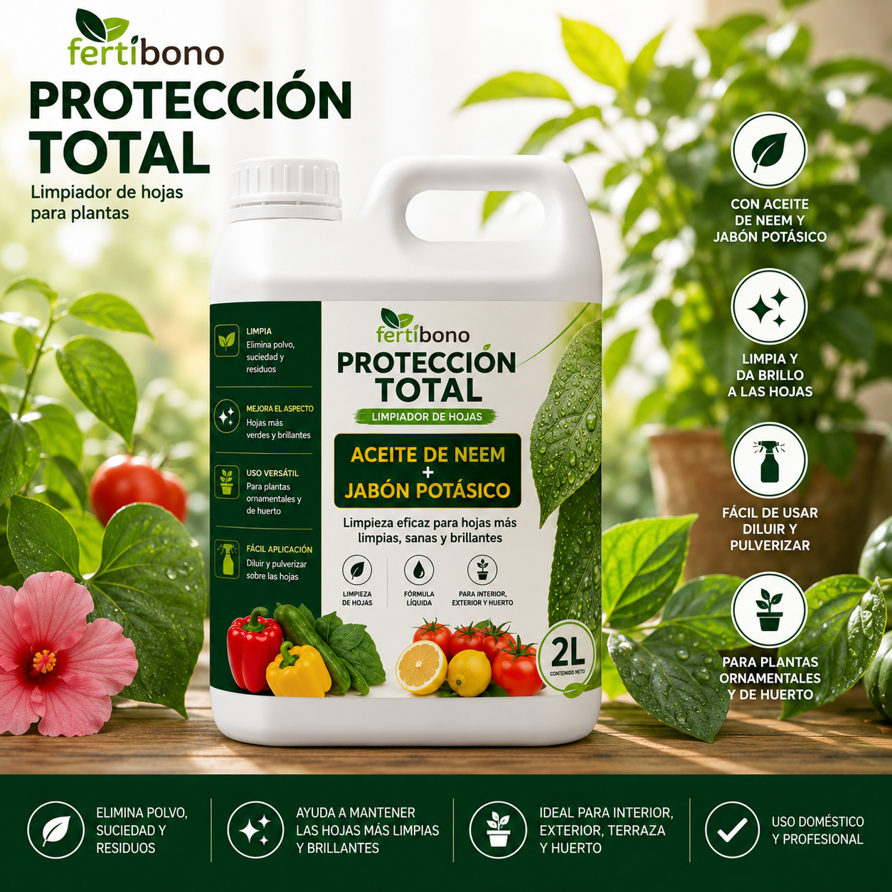 Jabón Potásico con Aceite Neem - Protección Total | Multiusos para Plantas y Huerto | 2 Litros