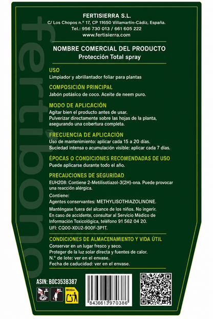 FERTIBONO PROTECCIÓN TOTAL | Solución Multiusos Natural para Plantas |750ml| Jabón Potásico + Aceite de Neem | Ideal para Huertos y Jardines
