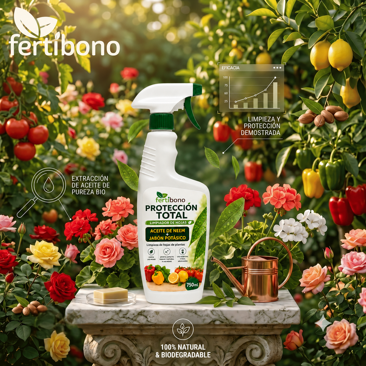 FERTIBONO PROTECCIÓN TOTAL | Solución Multiusos Natural para Plantas |750ml| Jabón Potásico + Aceite de Neem | Ideal para Huertos y Jardines
