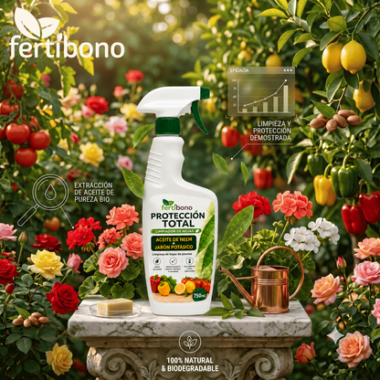 FERTIBONO PROTECCIÓN TOTAL | Solución Multiusos Natural para Plantas |750ml| Jabón Potásico + Aceite de Neem | Ideal para Huertos y Jardines
