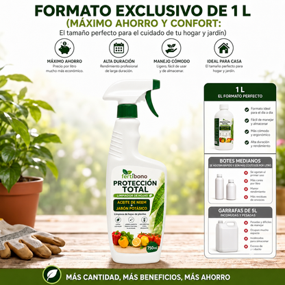 FERTIBONO PROTECCIÓN TOTAL | Solución Multiusos Natural para Plantas |750ml| Jabón Potásico + Aceite de Neem | Ideal para Huertos y Jardines