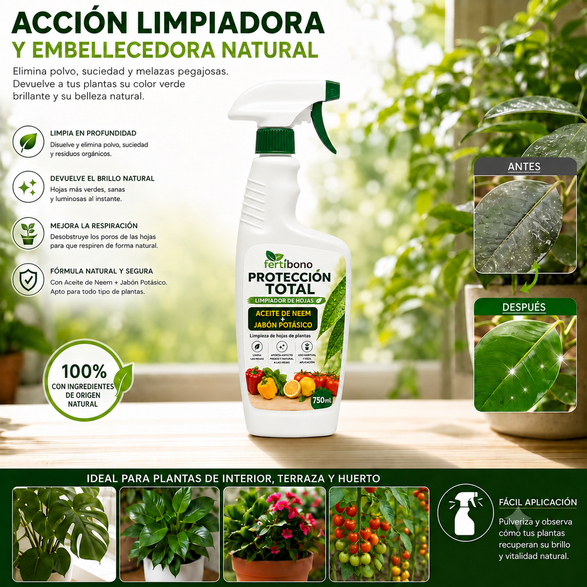 FERTIBONO PROTECCIÓN TOTAL | Solución Multiusos Natural para Plantas |750ml| Jabón Potásico + Aceite de Neem | Ideal para Huertos y Jardines