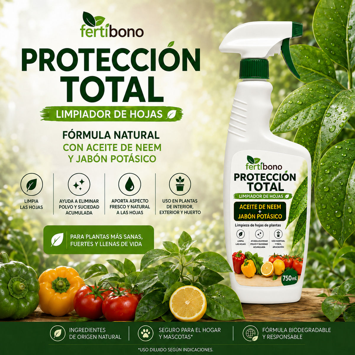 FERTIBONO PROTECCIÓN TOTAL | Solución Multiusos Natural para Plantas |750ml| Jabón Potásico + Aceite de Neem | Ideal para Huertos y Jardines