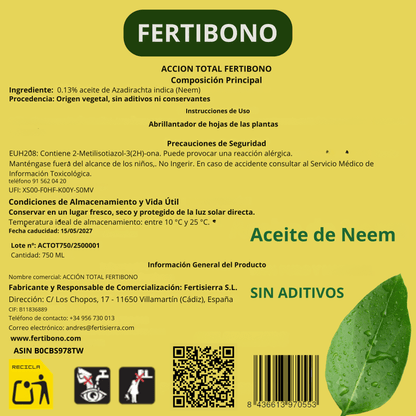 FERTIBONO ACCIÓN TOTAL – Aceite de Neem para plantas – 750 ml – Solución Multiuso - Uso en Jardín y Huerto