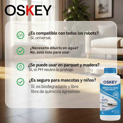 Limpiador de suelos para robot OSKEY 1L líquido pH neutro – higienizador y neutralizador de olores, aroma suave, brillo sin rayas, compatible universal