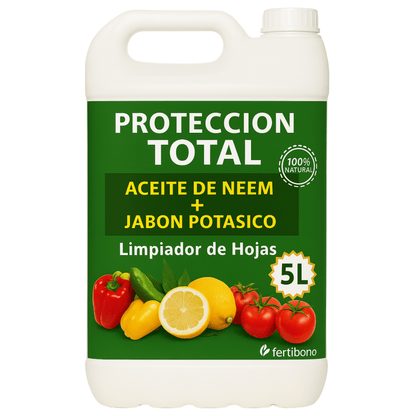 FERTIBONO PROTECCIÓN TOTAL | Solución Multiusos Natural para Plantas |5 l| Jabón Potásico + Aceite de Neem | Ideal para Huertos y Jardines
