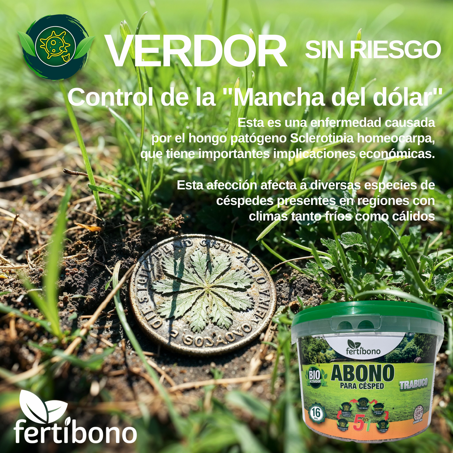 FERTIBONO Abono Césped, Antimusgos, Liberacion Lenta, Primavera, Verano, Acción 5 en 1, (16 Kg)