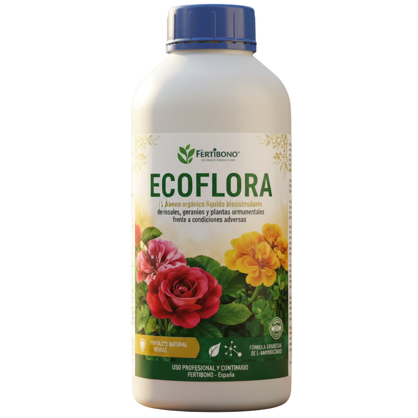 FERTIBONO ECOFLORA, (1 L) – Abono orgánico líquido bioestimulante con L-aminoácidos · fortalece las defensas naturales de rosales, geranios y plantas ornamentales frente a condiciones adversas