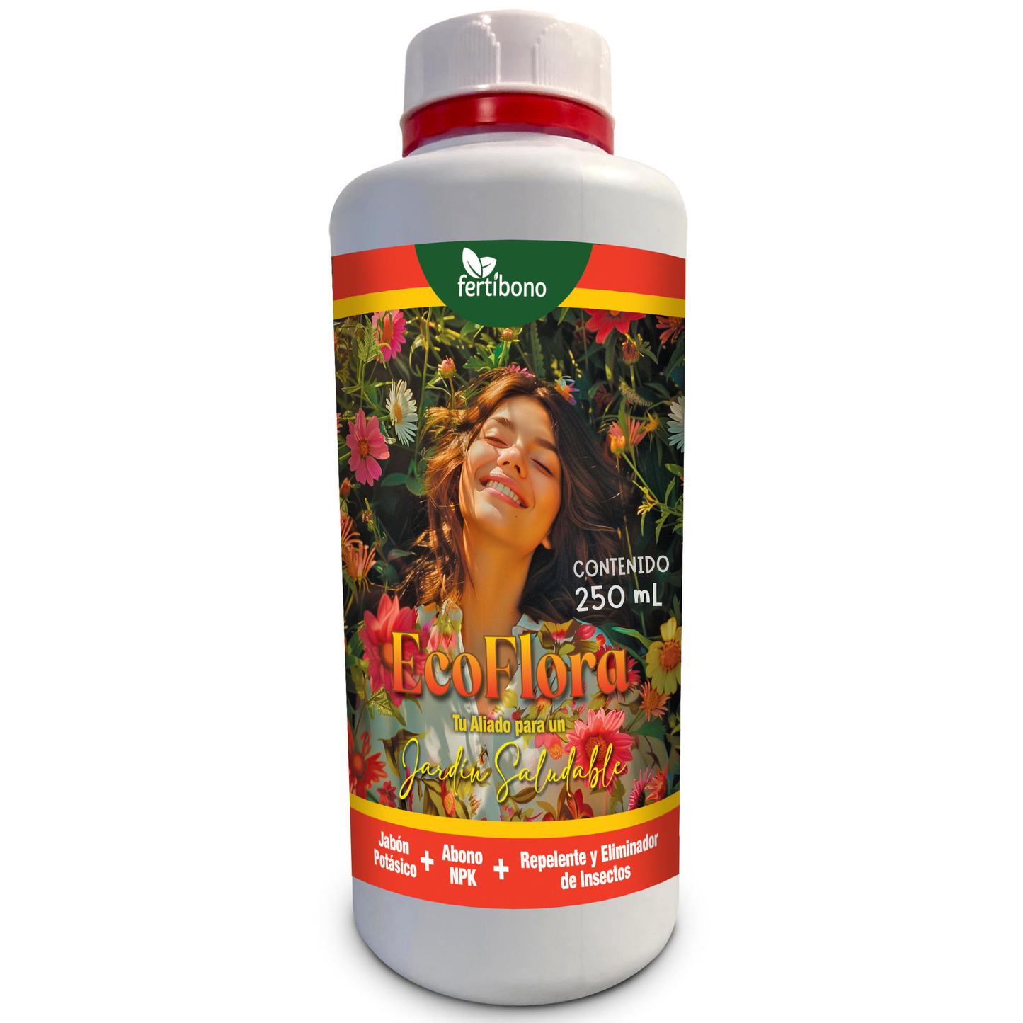 FERTIBONO ECOFLORA - Fórmula Premium para Flores: Jabón Potásico, Abono y Extractos Naturales (250 ml), Cuida y Protege tus Plantas de Interior y Exterior contra Plagas, Pulgón, Ácaros,Taladro