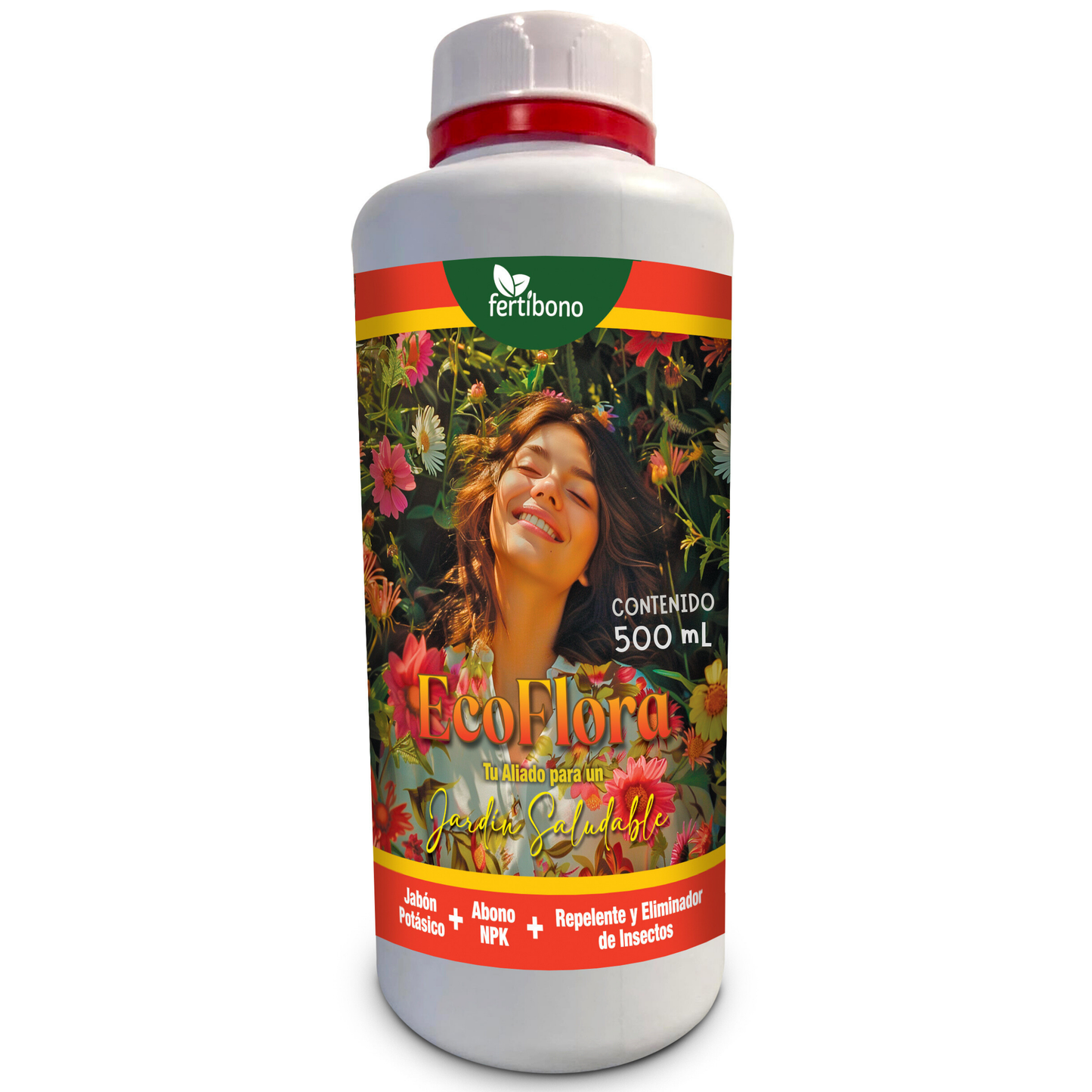 FERTIBONO EcoFlora - Fórmula Premium para Flores: Jabón Potásico, Abono y Extractos Naturales (500 ml), Cuida y Protege tus Plantas de Interior y Exterior contra Plagas, Pulgón, Ácaros,Taladro