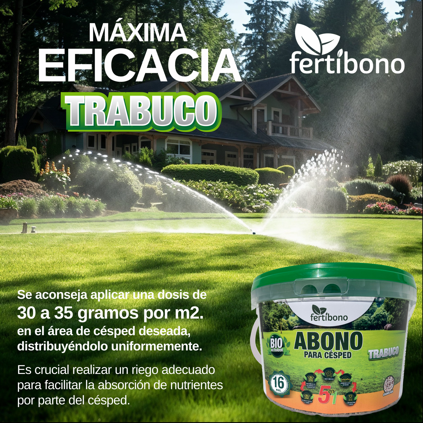 FERTIBONO Abono Césped, Antimusgos, Liberacion Lenta, Primavera, Verano, Acción 5 en 1, (16 Kg)