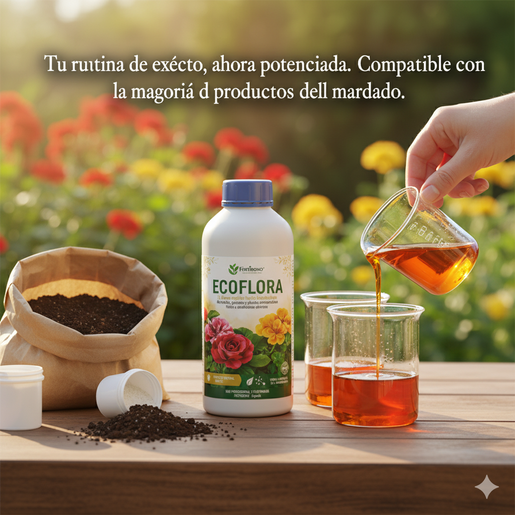 FERTIBONO ECOFLORA, (1 L) – Abono orgánico líquido bioestimulante con L-aminoácidos · fortalece las defensas naturales de rosales, geranios y plantas ornamentales frente a condiciones adversas