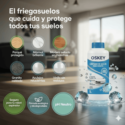 Limpiador de suelos para robot OSKEY 1L líquido pH neutro – higienizador y neutralizador de olores, aroma suave, brillo sin rayas, compatible universal