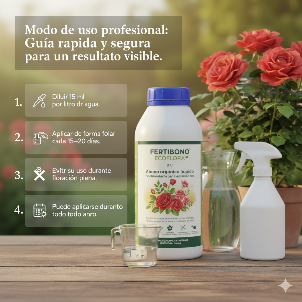 FERTIBONO ECOFLORA, (1 L) – Abono orgánico líquido bioestimulante con L-aminoácidos · fortalece las defensas naturales de rosales, geranios y plantas ornamentales frente a condiciones adversas