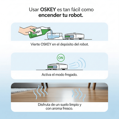 Limpiador de suelos para robot OSKEY 1L líquido pH neutro – higienizador y neutralizador de olores, aroma suave, brillo sin rayas, compatible universal