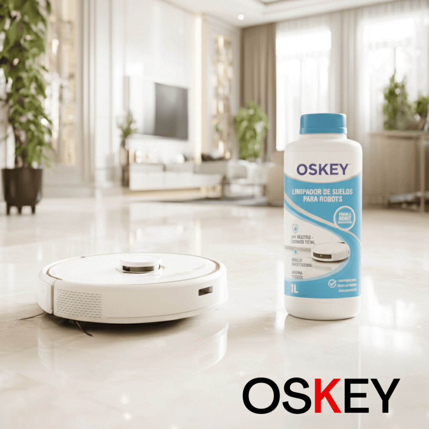 Limpiador de suelos para robot OSKEY 1L líquido pH neutro – higienizador y neutralizador de olores, aroma suave, brillo sin rayas, compatible universal