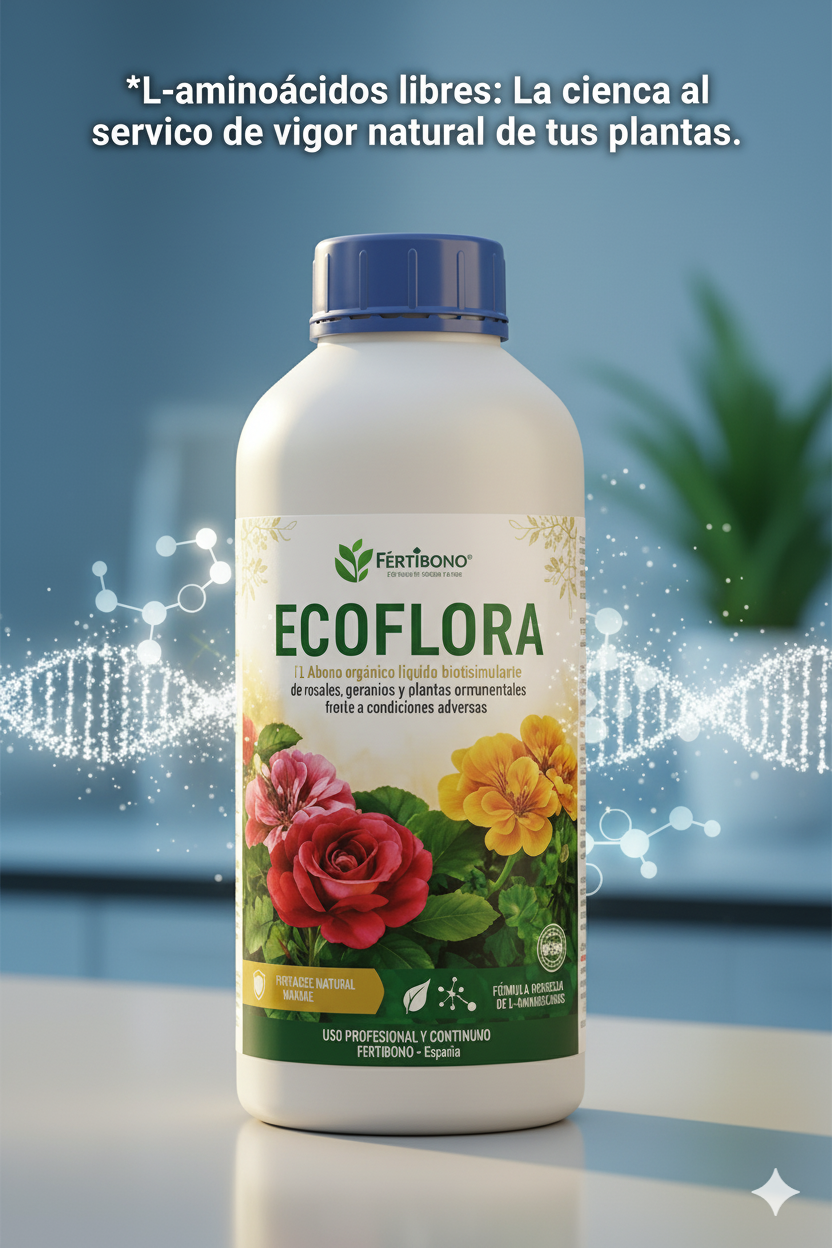 FERTIBONO ECOFLORA, (1 L) – Abono orgánico líquido bioestimulante con L-aminoácidos · fortalece las defensas naturales de rosales, geranios y plantas ornamentales frente a condiciones adversas